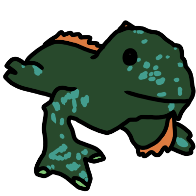 a dark green plush iguana at a 3/4 angle. it has teal 'scales' on it and an orange crest.